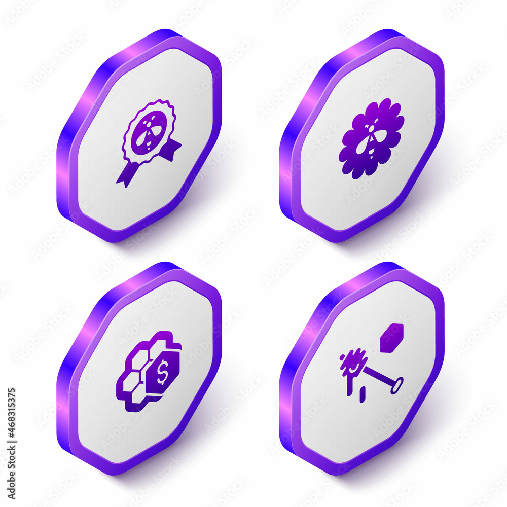 Set Isometric Best bee, Bee on flower, Sale of honeycomb and Honey dipper stick icon. Purple hexagon button. Vector Set Isometric Best bee, Bee on flower, Sale of honeycomb and Honey dipper stick icon. Purple hexagon button. Vector