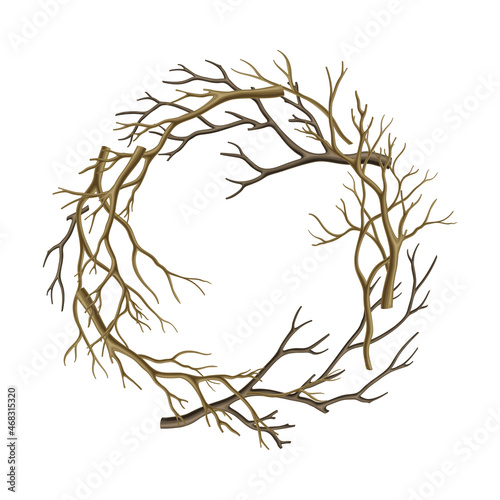 Bare Tree Branch Entangled in Round Wreath Vector Illustration