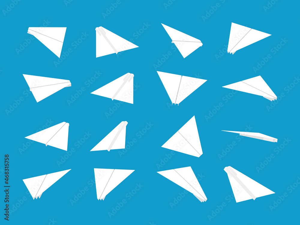 White paper planes collection with different views and angles White paper planes collection with different views and angles