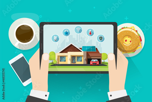 Smart home automated control system on digital tablet computer vector or intelligent house remote switch tech device flat, controlling wifi, temperature, security protection, light, solar energy