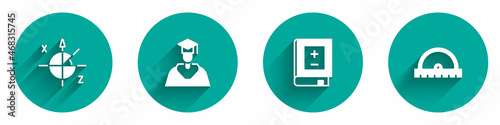 Set Trigonometric circle, Graduate and graduation cap, Book with mathematics and Protractor grid icon with long shadow. Vector
