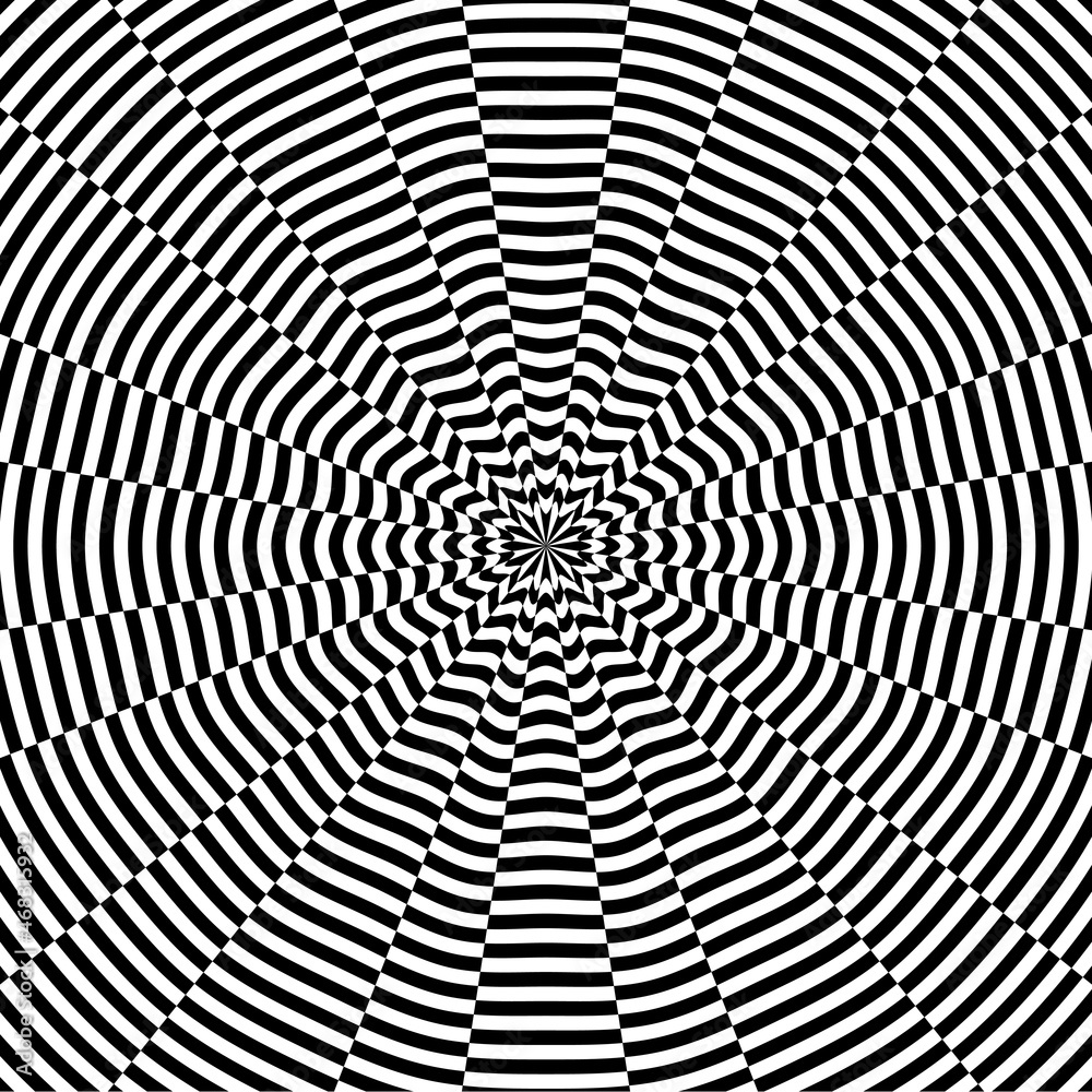 Abstract black and white circular striped background. Geometric pattern with visual distortion effect. Optical illusion. Op art. Abstract black and white circular striped background. Geometric pattern with visual distortion effect. Optical illusion. Op art.