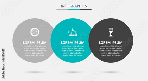Set King crown, Round wooden shield and Medieval goblet. Business infographic template. Vector