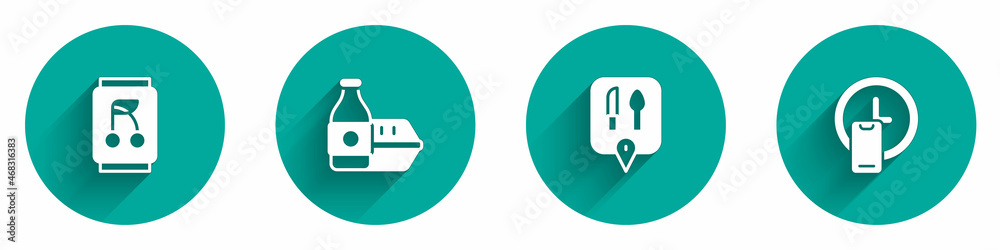 Set Soda can, Online ordering food, Cafe and restaurant location and Round the clock delivery icon with long shadow. Vector Set Soda can, Online ordering food, Cafe and restaurant location and Round the clock delivery icon with long shadow. Vector