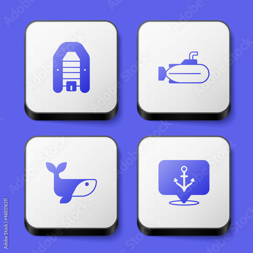 Set Inflatable boat with motor, Submarine, Whale and Anchor icon. White square button. Vector