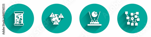 Set Cryogenic capsules, Earth with exclamation mark, Hologram and Neural network icon with long shadow. Vector