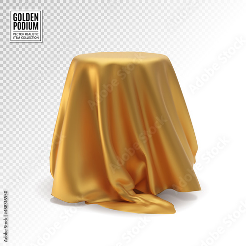 Realistic 3d round white product podium display covered golden fabric drapery folds isolated on white background. Vector illustration EPS10