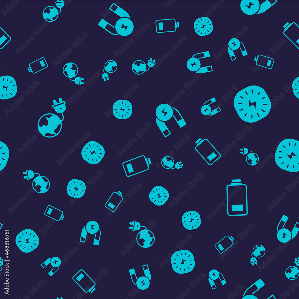 Set Global energy planet with plug, Lightning bolt, Magnet and Battery charge on seamless pattern. Vector Set Global energy planet with plug, Lightning bolt, Magnet and Battery charge on seamless pattern. Vector