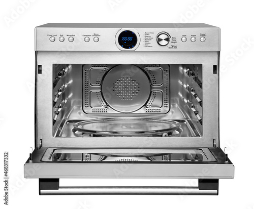 microwave isolated on white background . front view open door