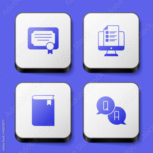 Set Certificate template, Online quiz, test, survey, Book and Question and Answer icon. White square button. Vector