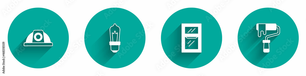 Set Worker safety helmet, Light bulb, Window in room and Paint roller brush icon with long shadow. Vector Set Worker safety helmet, Light bulb, Window in room and Paint roller brush icon with long shadow. Vector
