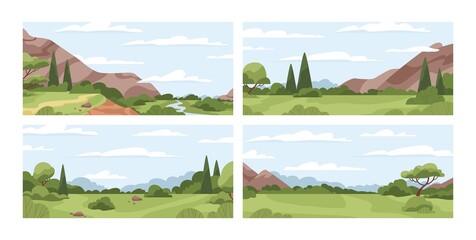Acrylglasbilder Pistache Summer landscapes set. Sceneries with grass, trees, mountains and sky horizons. Panoramic nature backgrounds with clouds, plants, and rocks. Scenes of valleys and grasslands. Flat vector illustrations  © Good Studio