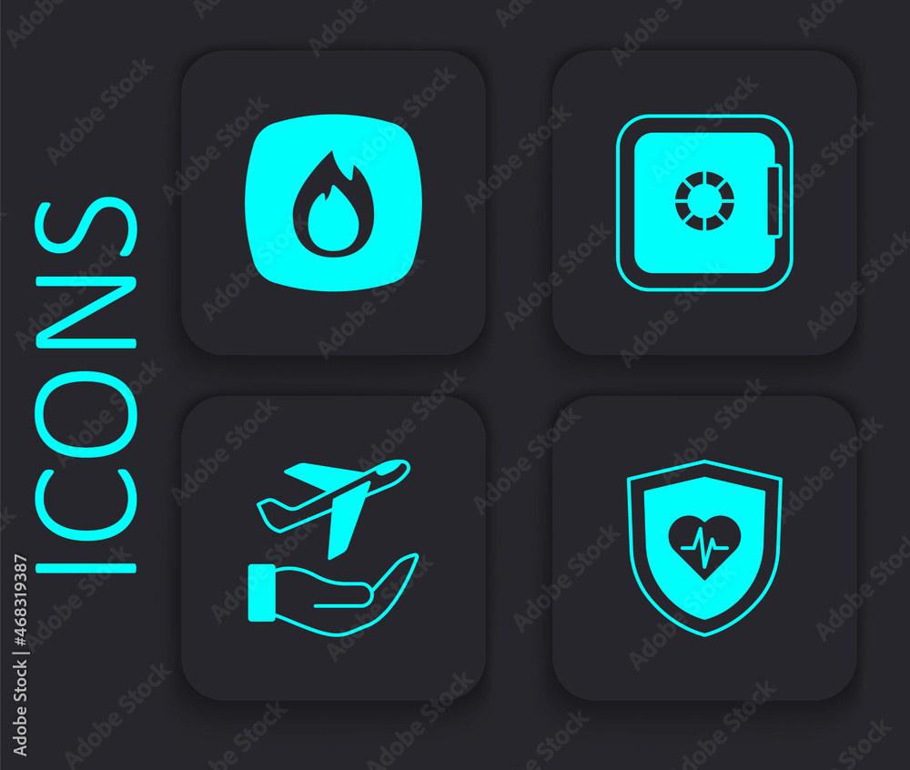 Set Life insurance with shield, Fire flame, Safe and Plane hand icon. Black square button. Vector Set Life insurance with shield, Fire flame, Safe and Plane hand icon. Black square button. Vector