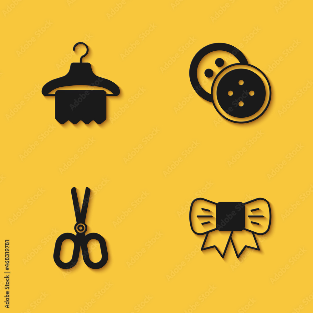 Set Hanger wardrobe, Gift bow, Scissors and Sewing button for clothes icon with long shadow. Vector Set Hanger wardrobe, Gift bow, Scissors and Sewing button for clothes icon with long shadow. Vector