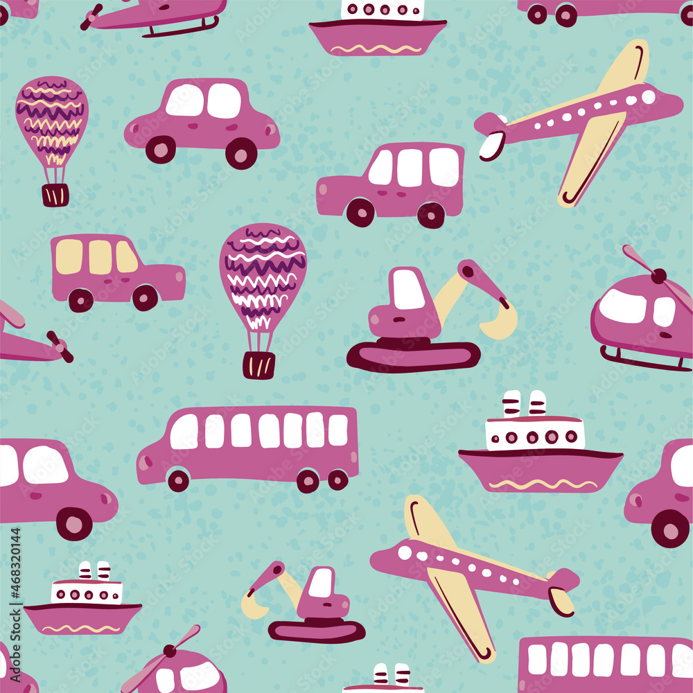 Naklejka premium Cute kids vector seamless pattern with hand drawn airplanes, helicopters, cars, buses, ships. Various transport for printing on textiles and paper. Illustration for boys about travel and movement