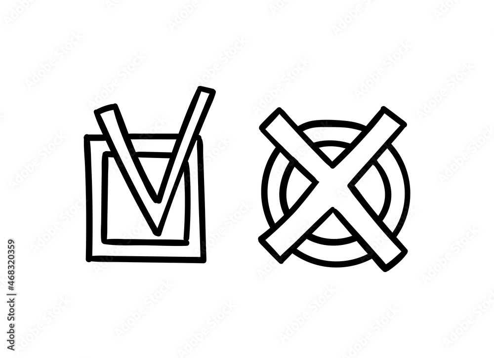Hand drawn outline check marks. Doodle tickbox and cross in a round ...