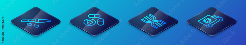 Set Isometric line DNA symbol, Pipette, Ambulance car and Medicine pill or tablet icon. Vector Set Isometric line DNA symbol, Pipette, Ambulance car and Medicine pill or tablet icon. Vector