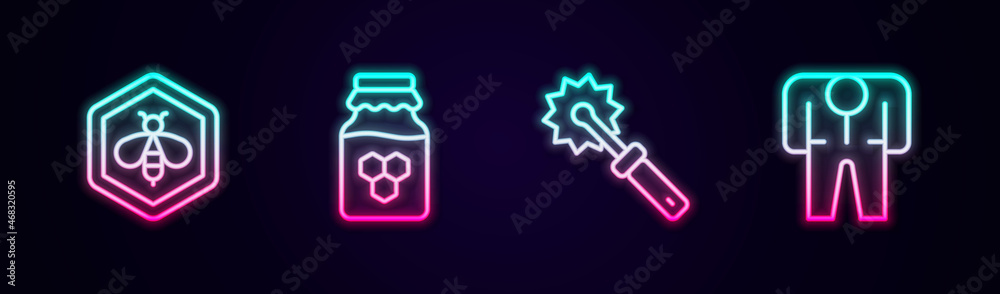 Set line Bee and honeycomb, Jar of, Cutter roll for and Beekeeper costume. Glowing neon icon. Vector Set line Bee and honeycomb, Jar of, Cutter roll for and Beekeeper costume. Glowing neon icon. Vector