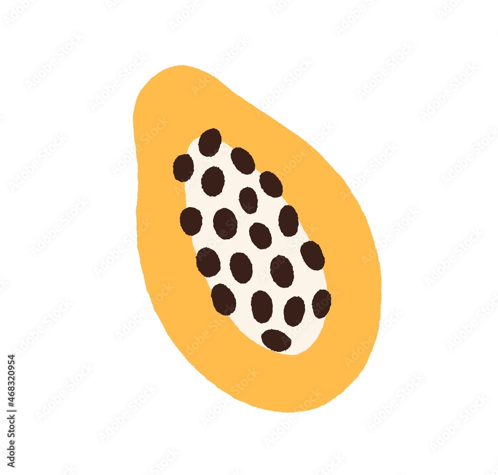 Papaya half with seeds. Cut piece of tropical fruit. Icon of exotic pawpaw drawn in doodle style. Papaw cross section, top view. Flat vector illustration isolated on white background Papaya half with seeds. Cut piece of tropical fruit. Icon of exotic pawpaw drawn in doodle style. Papaw cross section, top view. Flat vector illustration isolated on white background