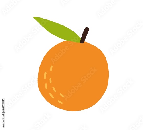 Orange with leaf. Tropical fresh fruit drawn in simple doodle style. Whole exotic citrus icon. Healthy vitamin food. Colored flat vector illustration isolated on white background