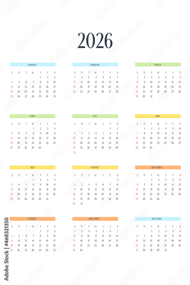 2026 calendar template in classic strict style with multicolor elements ...