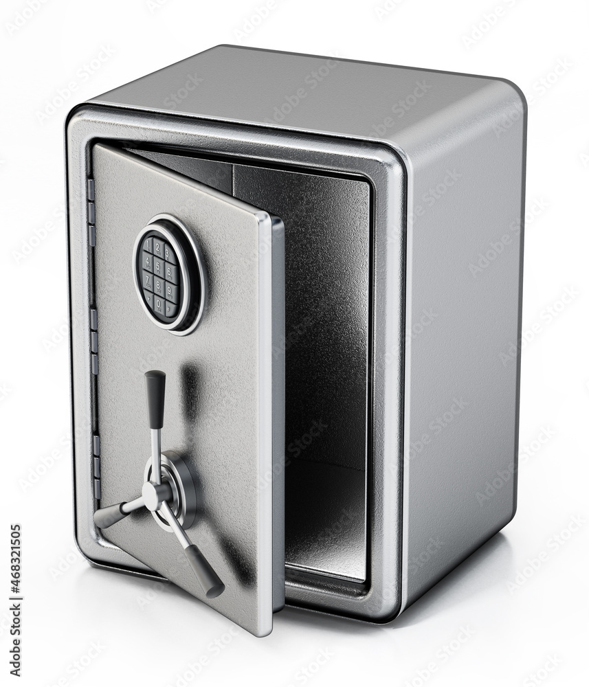 Half open steel safe with digital keypad isolated on white background. 3D illustration Half open steel safe with digital keypad isolated on white background. 3D illustration