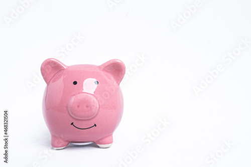 The piggy bank smiling in the white background.