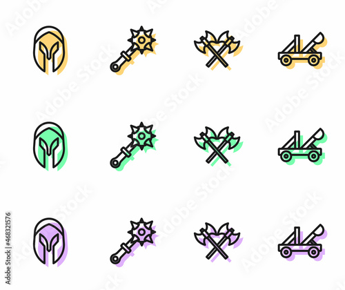 Set line Crossed medieval axes, Medieval helmet, Mace with spikes and catapult icon. Vector