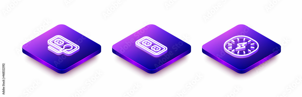 Set Isometric line Electrical outlet, and Lightning bolt icon. Vector Set Isometric line Electrical outlet, and Lightning bolt icon. Vector