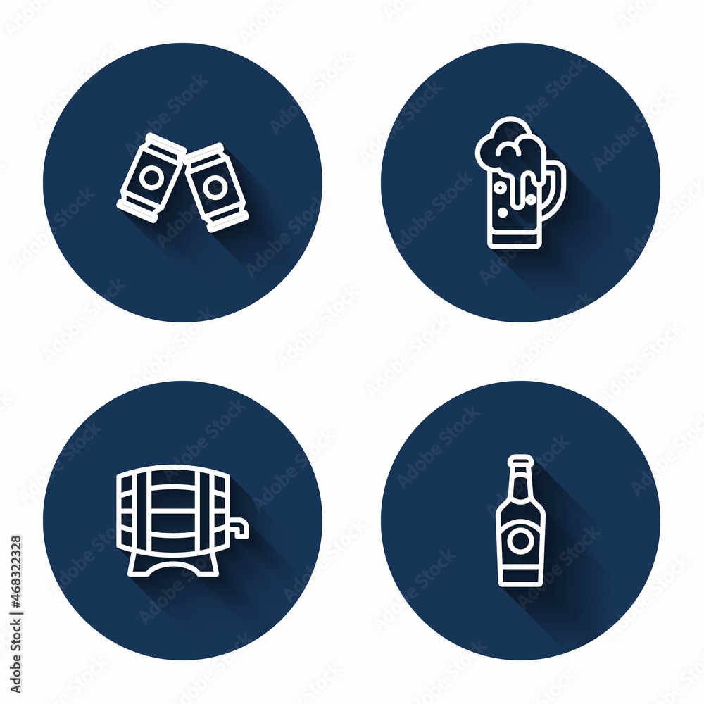Set line Beer can, Glass of beer, Wooden barrel on rack and bottle with long shadow. Blue circle button. Vector