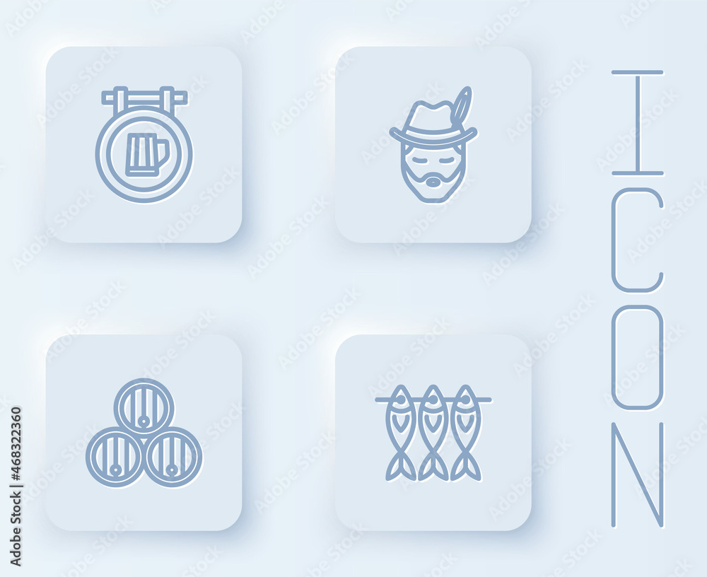 Set line Street signboard with beer, Oktoberfest man, Wooden barrel and Dried fish. White square button. Vector Set line Street signboard with beer, Oktoberfest man, Wooden barrel and Dried fish. White square button. Vector