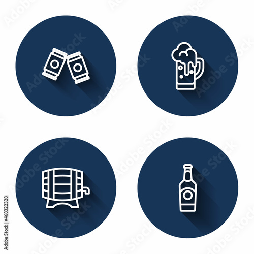 Set line Beer can, Glass of beer, Wooden barrel on rack and bottle with long shadow. Blue circle button. Vector