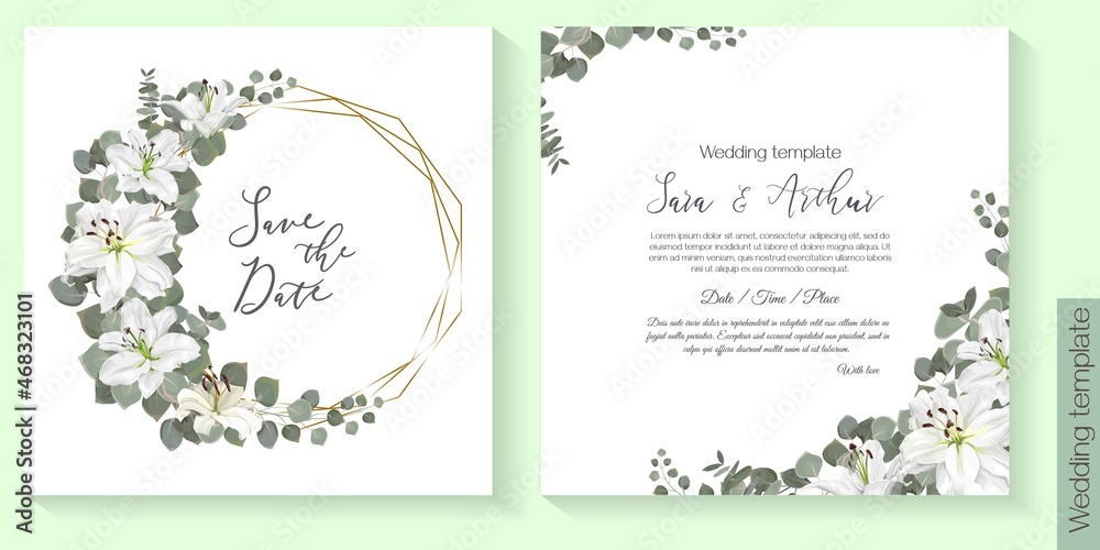 Vector floral template for wedding invitation. White royal lilies, eucalyptus, green plants and leaves. Gold polygonal frame.