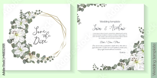 Vector floral template for wedding invitation. White royal lilies, eucalyptus, green plants and leaves. Gold polygonal frame.