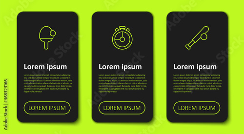 Set line Racket, Stopwatch and Baseball bat with ball. Business infographic template. Vector