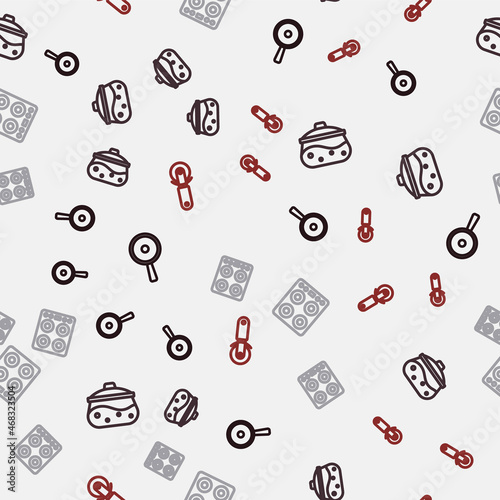 Set line Frying pan, Cooking pot, Gas stove and Pizza knife on seamless pattern. Vector