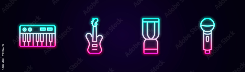 Set line Music synthesizer, Electric bass guitar, African djembe drum and Microphone. Glowing neon icon. Vector