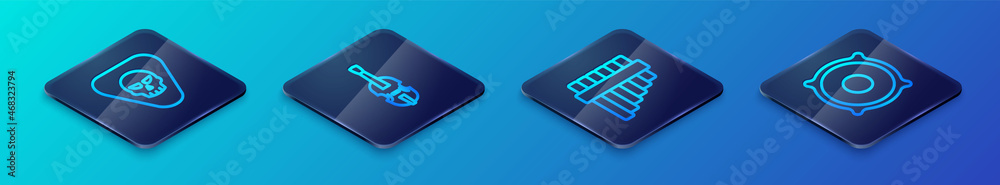 Set Isometric line Pan flute, Guitar pick, Stereo speaker and Violin icon. Vector Set Isometric line Pan flute, Guitar pick, Stereo speaker and Violin icon. Vector
