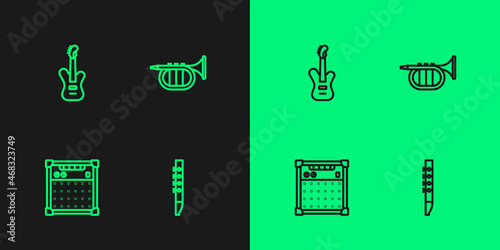 Set line Flute, Guitar amplifier, Electric bass guitar and Trumpet icon. Vector