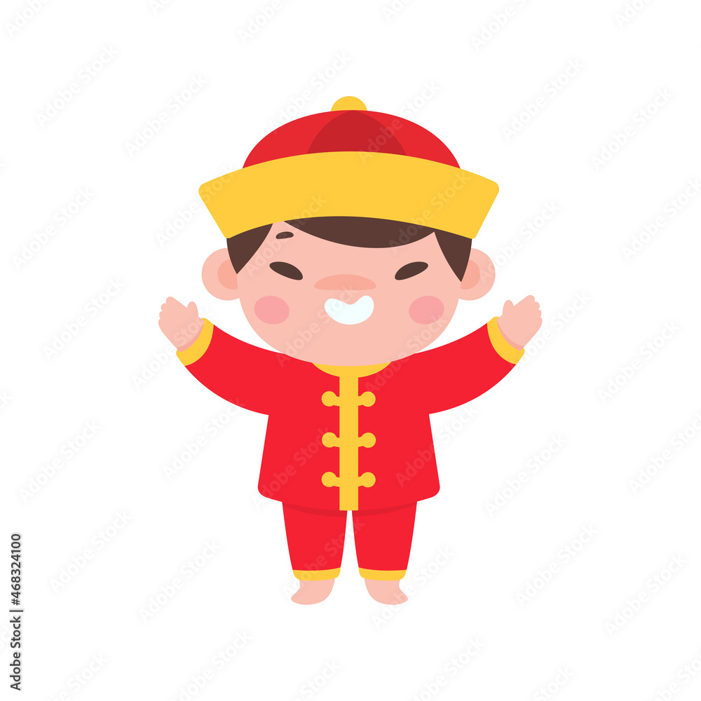 Chinese children wear red national costumes to celebrate Chinese New Year.