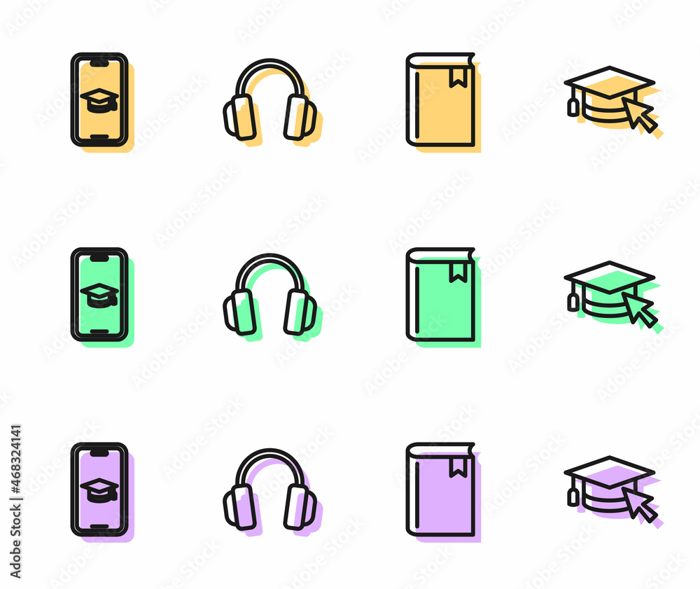 Set line Book, Graduation cap on mobile, Headphones and with cursor icon. Vector Set line Book, Graduation cap on mobile, Headphones and with cursor icon. Vector