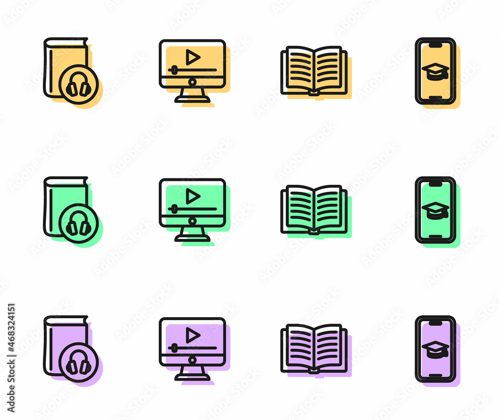 Set line Open book, Audio, Online play video and Graduation cap on mobile icon. Vector Set line Open book, Audio, Online play video and Graduation cap on mobile icon. Vector