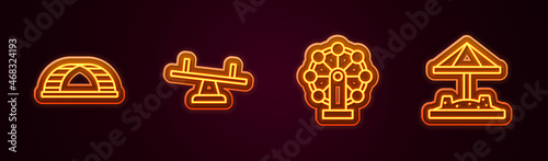 Set line Monkey bar, Seesaw, Ferris wheel and Sandbox with sand. Glowing neon icon. Vector
