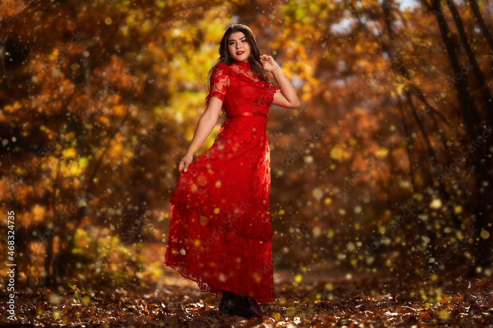 Woman in red dress in the oak forest, full body Woman in red dress in the oak forest, full body