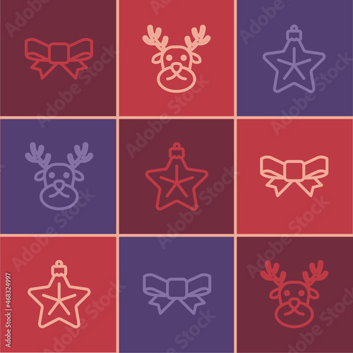 Wallpaper Mural Set line Gift bow, Christmas star and Reindeer icon. Vector Torontodigital.ca