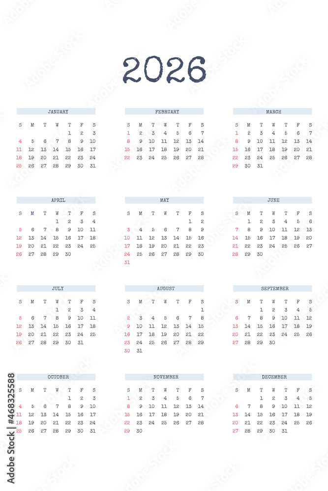 2026 calendar template in classic strict style with type written font. Monthly calendar individual schedule minimalism restrained design for business notebook. Week starts on sunday 2026 calendar template in classic strict style with type written font. Monthly calendar individual schedule minimalism restrained design for business notebook. Week starts on sunday