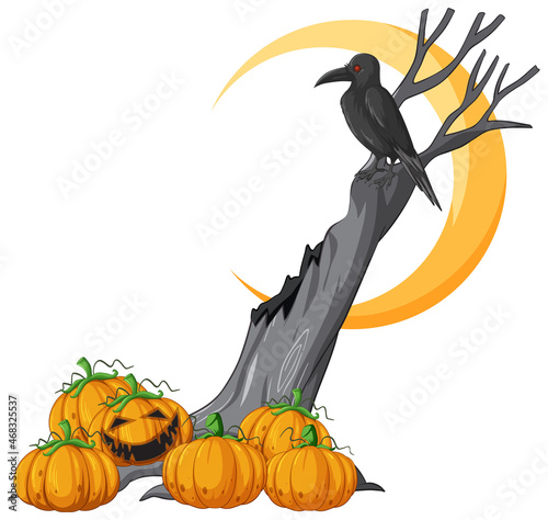 Jack o'lantern pumpkin with crow on dead tree