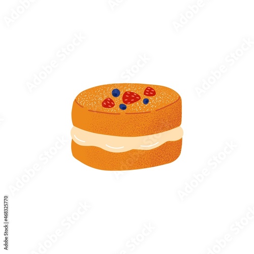 Sweet sandwich cake with sponge layers, vanilla whipped cream filling and strawberries. Victoria dessert with fresh berries and sugar powder. Flat vector illustration isolated on white background