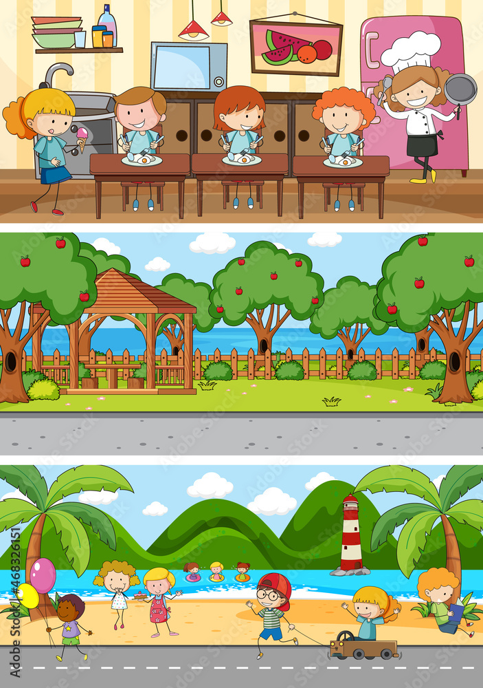 Obraz premium Set of different horizontal scenes background with doodle kids cartoon character