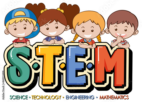 STEM education logo banner with kids cartoon character
